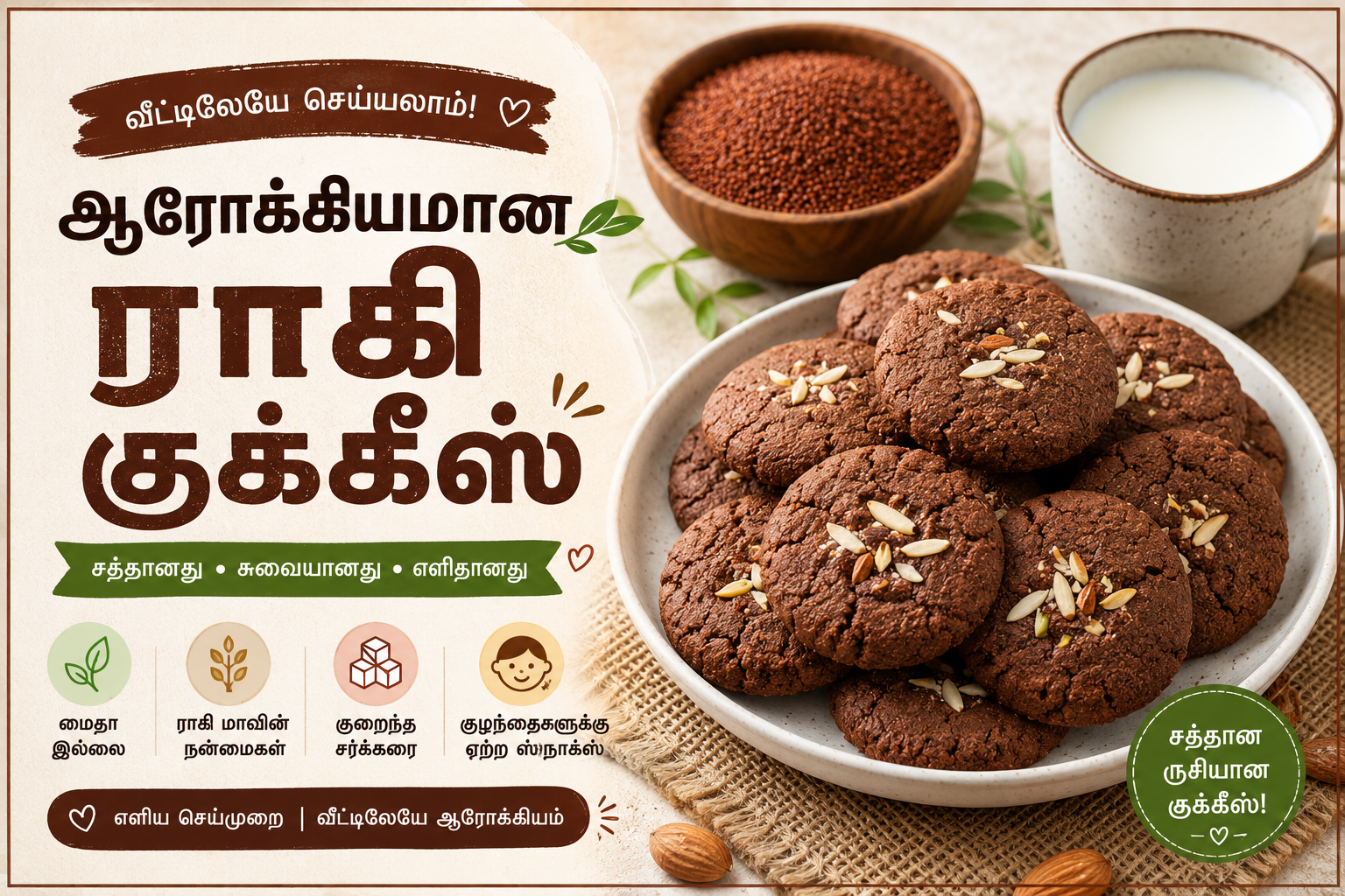 பாதாம் மற்றும் வெல்லம் சேர்த்து தயாரித்த ஆரோக்கியமான ராகி குக்கீஸ் - வீட்டில் செய்த கேழ்வரகு பிஸ்கட்
